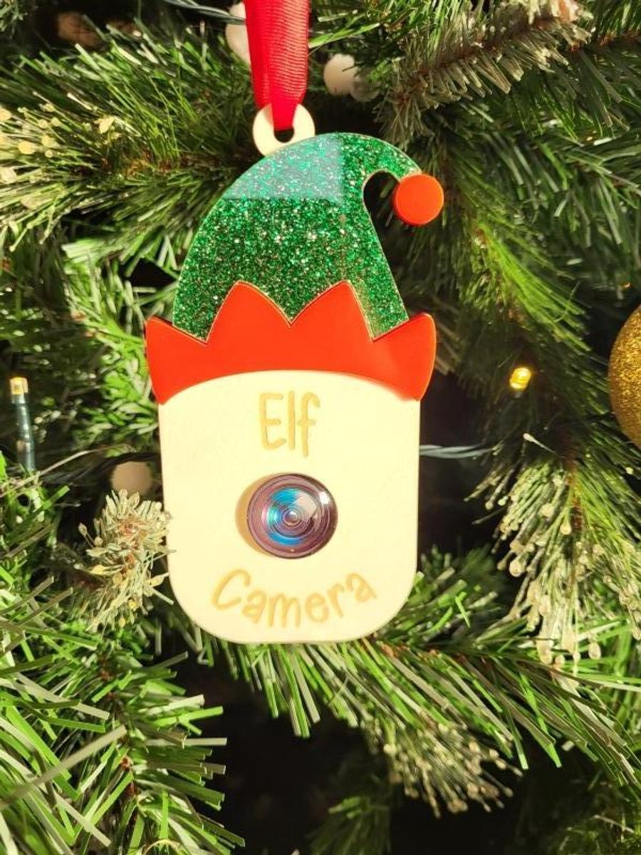 Elf Camera Kerstdecoratie – Nep Camera – Hanger of Magneet – Elf Beveiliging - Glitter Groen/Rood