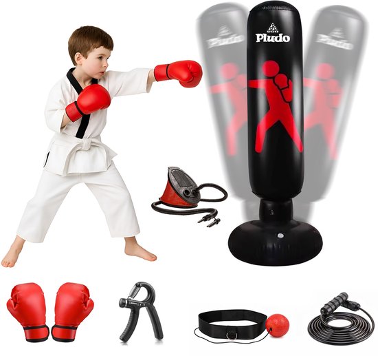 Pludo Opblaasbare Bokszak - Boksbal - Bokspaal - Staande Bokszak - Boxzak - Voor Kinderen en Volwassenen - Boxing Bag - Incl. Bokshandschoenen, Reflex bal, Griptrainer, Pomp