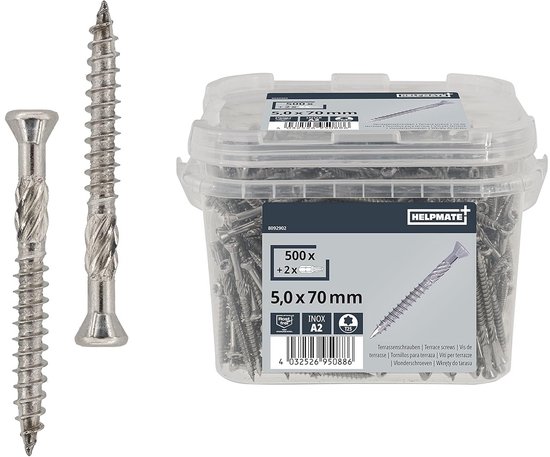HELPMATE Terrasschroeven 5 x 60 roestvrij staal, A2 roestvrij – 2000 stuks plankschroeven T25 bits – terrasplanken schroeven voor buiten (terrasbouw, tuinhuisjes, bouwhoutconstructies enz