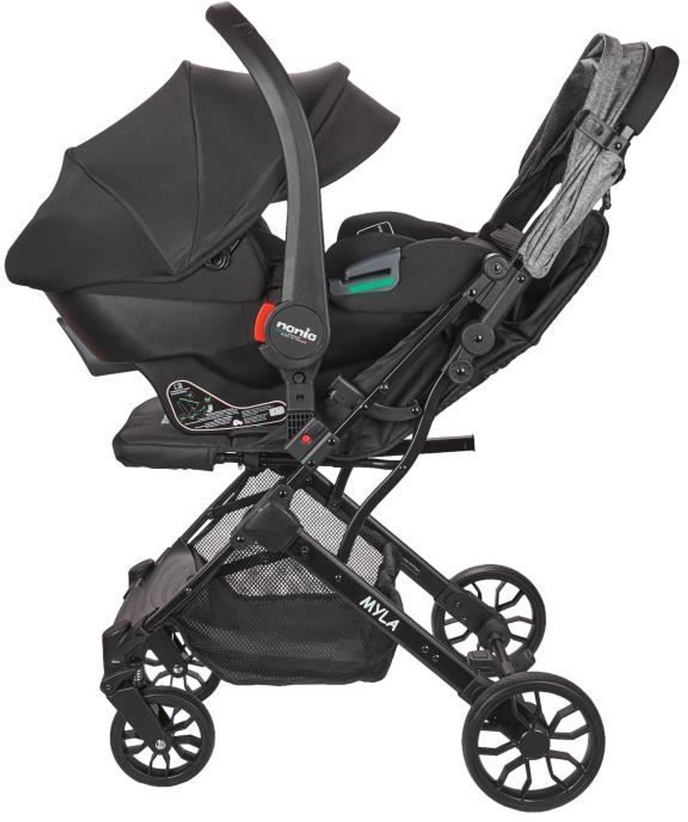 NANIA - 2-in-1 Combinatiekinderwagen met Rimini Autostoel - MYLA - 4 Wielen - Zwart