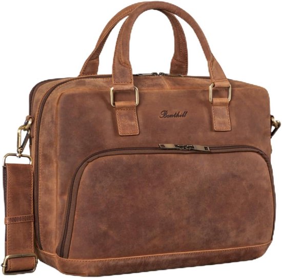 Benthill Aktetas lederen laptoptas - schoudertas voor heren en dames groot - portemonnee - schoudertas van echt leer - grote leren tas voor laptop, zwart (H