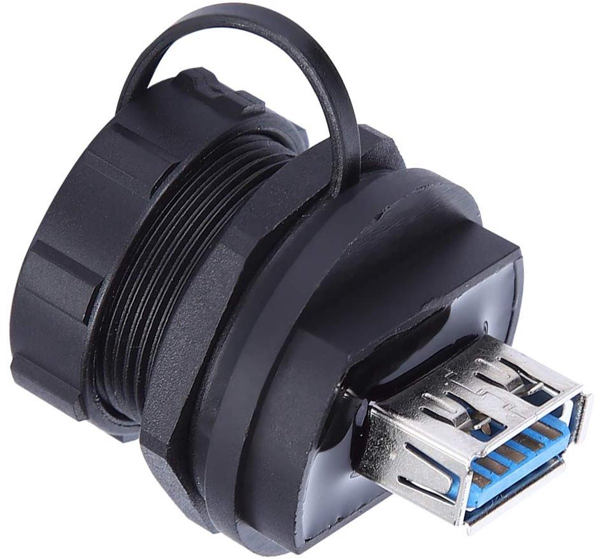 Waterdichte USB-connector met brandwerende behuizing en stofdicht deksel.