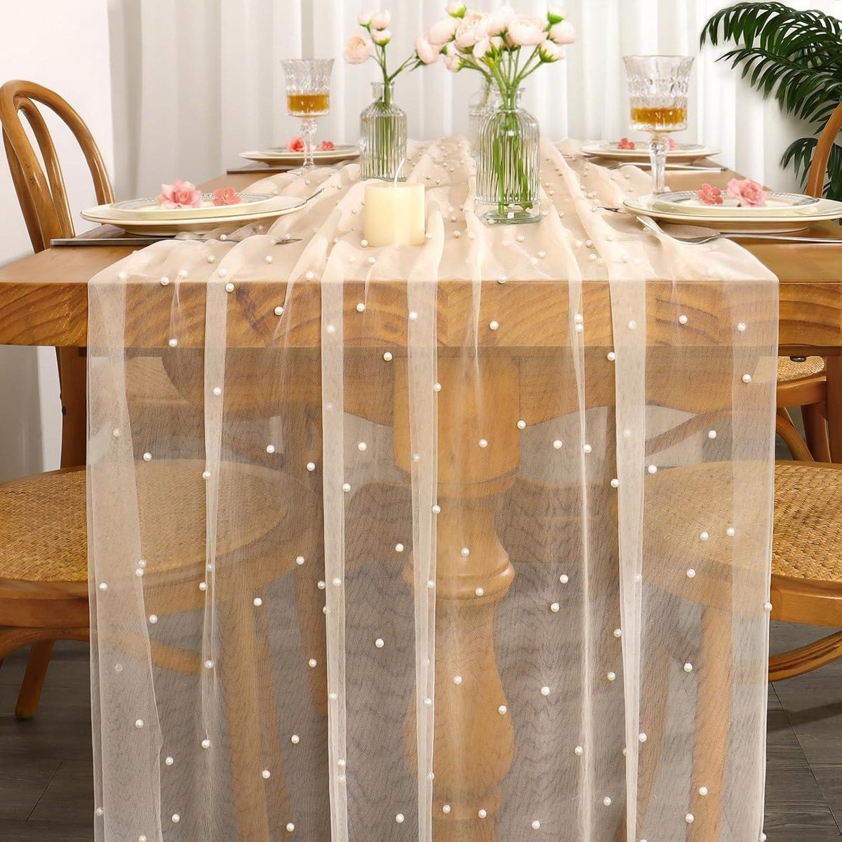 Cosensi - Tafelloper beige 75 x 300 cm met parel en tule - Bruiloft - Kaasdoek - Kanten tafelkleed - Parelgaas - Bruidsdouche - Verjaardagsfeest - Eettafel