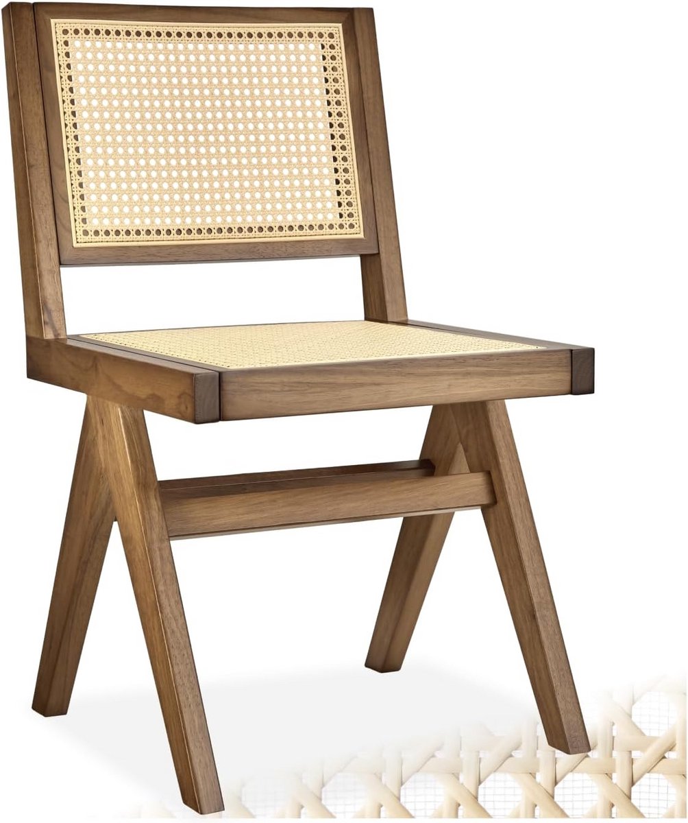 Houten Eetkamerstoel met Armleuning en Weens Vlechtwerk - Stabiele Boho Stoel Massief Hout