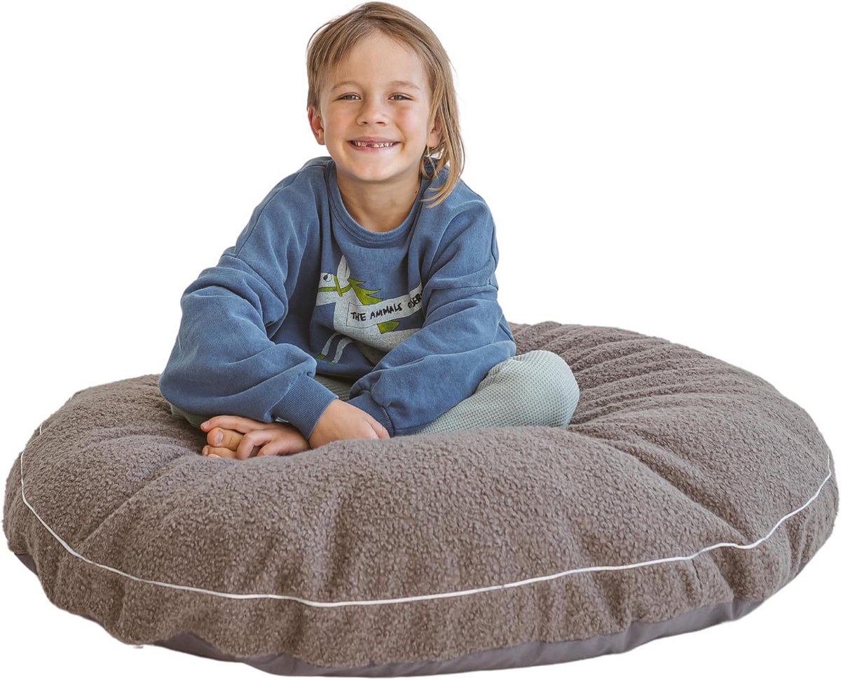 Extra Groot Vloerkussen Kind - Pluizig, Wasbaar Ligbed met Bouclé Sherpa Hoes - Comfortabel Leeskussen voor Peuters en Tieners (Grijs)