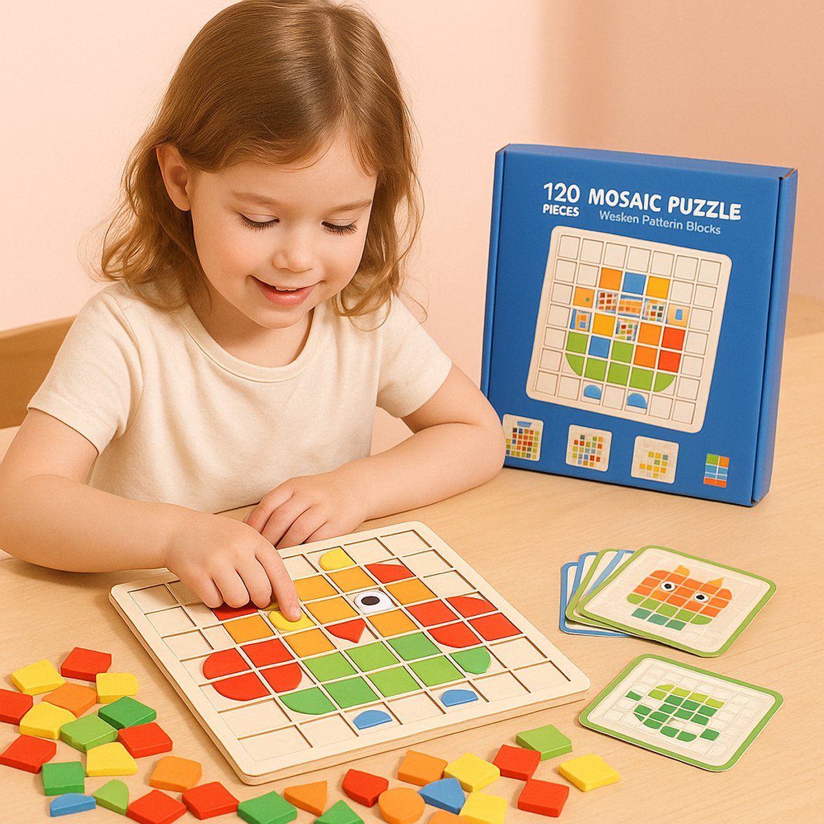 Houten Mozaïek Puzzel 120 Stuks - Montessori Speelgoed - Educatief Speelgoed - Vanaf 3 Jaar – 120 Stuks – Motoriek & Creativiteit - Inclusief Voorbeeldkaarten - Cadeau Tip — afbeelding 6