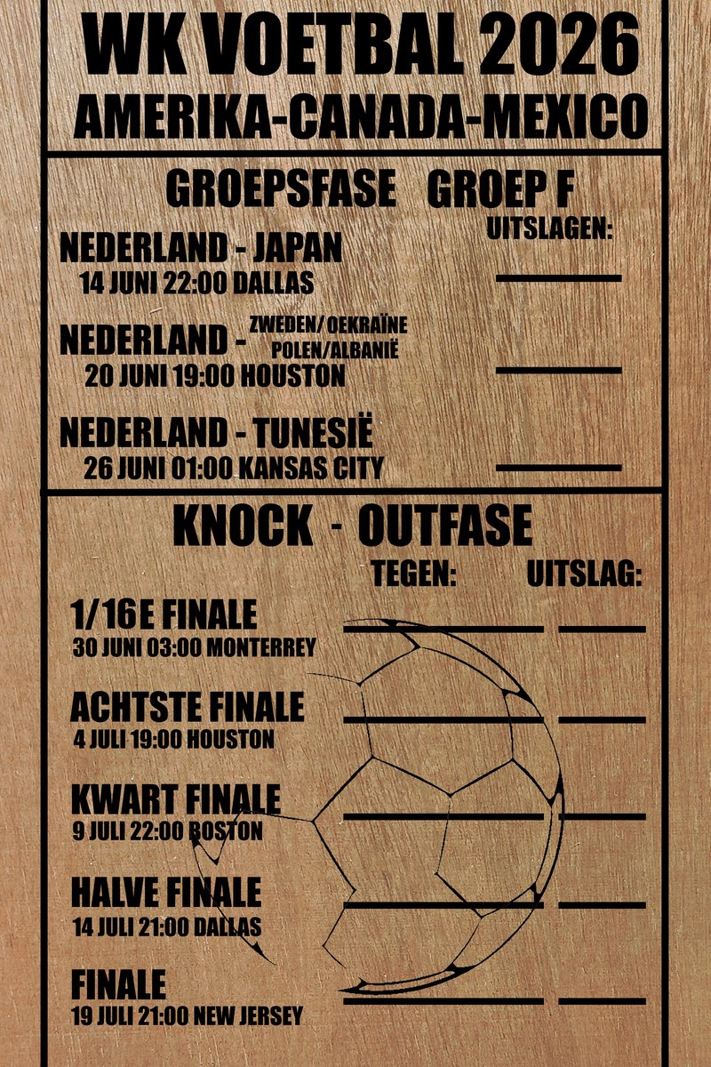 Houten WK 2026 voetbal Nederland Wedstrijdkalender – Route t/m Finale – XL 26,6×40 cm – Luxe Lasergravure – Oranje Decoratie