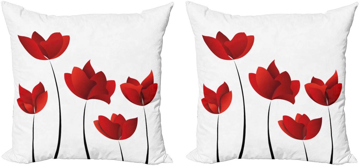ABAKUHAUS Bloemen Kussenhoes Set – 2x50x50 cm – vermiljoen en wit – dubbelzijdig digitaal Vermilion