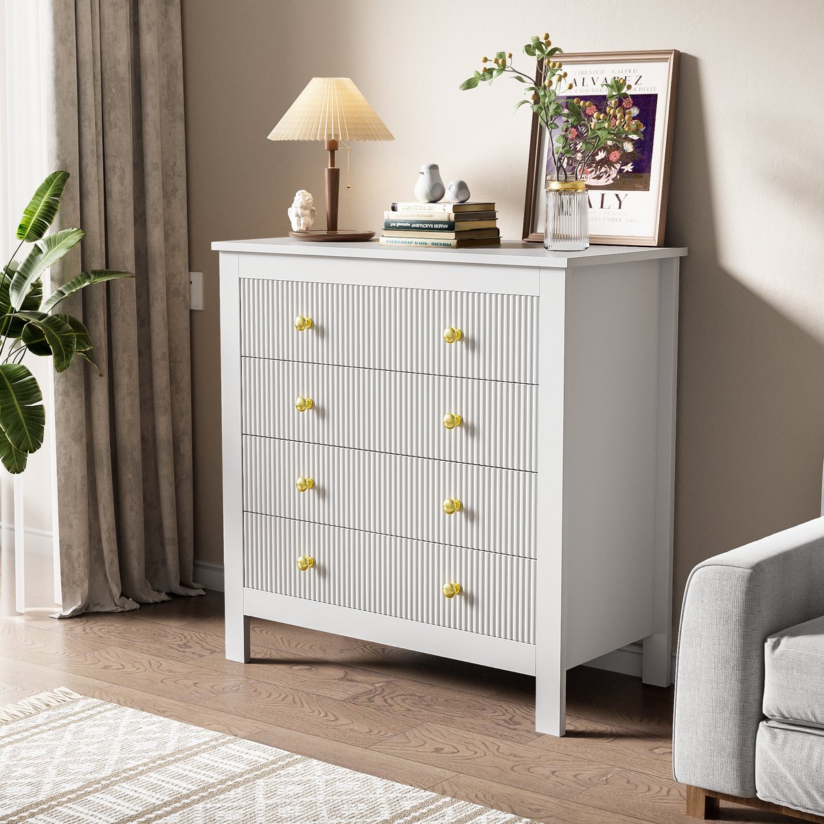 REDOM Dressoir 79 L x 80.5 B x 39，5H(cm) van spaanplaat, met 5 laden en goudkleurige grepen, modern en elegant Wit