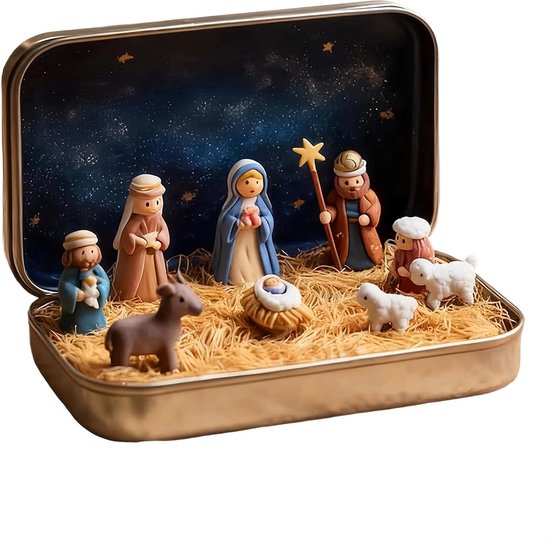 Mini-kerststal-geschenkdoos - Vintage mini-kerststal-geschenkdoos - Scène-ornament - Kerstdecoraties, woondecoratie, religieuze geschenken - Draagbaar heilig huisornament - Bureau-, boekenplank- of reisdecoratie