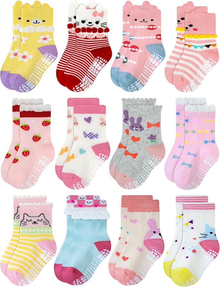Antislip Sokken met Handvatten voor Baby's en Peuters (2-3 Jaar) - Kleurrijk, 12 Ontwerpen