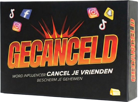 Zwarte speldoos met rode tekst 'GECANCELD' en social media iconen: Instagram, Facebook, Snapchat, TikTok.