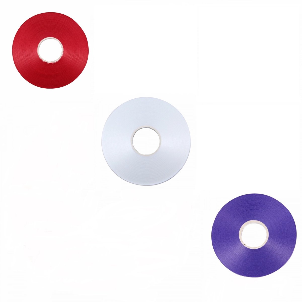 3 Platte rollen cadeaulint/krullint/ballonlint - 5 mm. - 50 meter - Rood/Wit/Blauw - In blisterverpakking