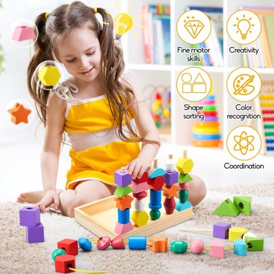 ZZQVIP Kleurrijk Montessori Speelgoed Vanaf 3 4 5 6 7 8 9 Jaar, 2-in-1 Houten Speelgoed Rijgspel, Stapelspel, Sorteerspel, Motoriek Speelgoed met Kaarten, Fijne Motoriek, Cadeau voor Kinderen