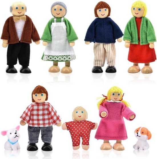 Lovely Happy Family Poppen Speelset Houten Figuren Set van 7 Personen voor Kinderen Kinderen Peuters - Poppenhuis Pretend Gift
