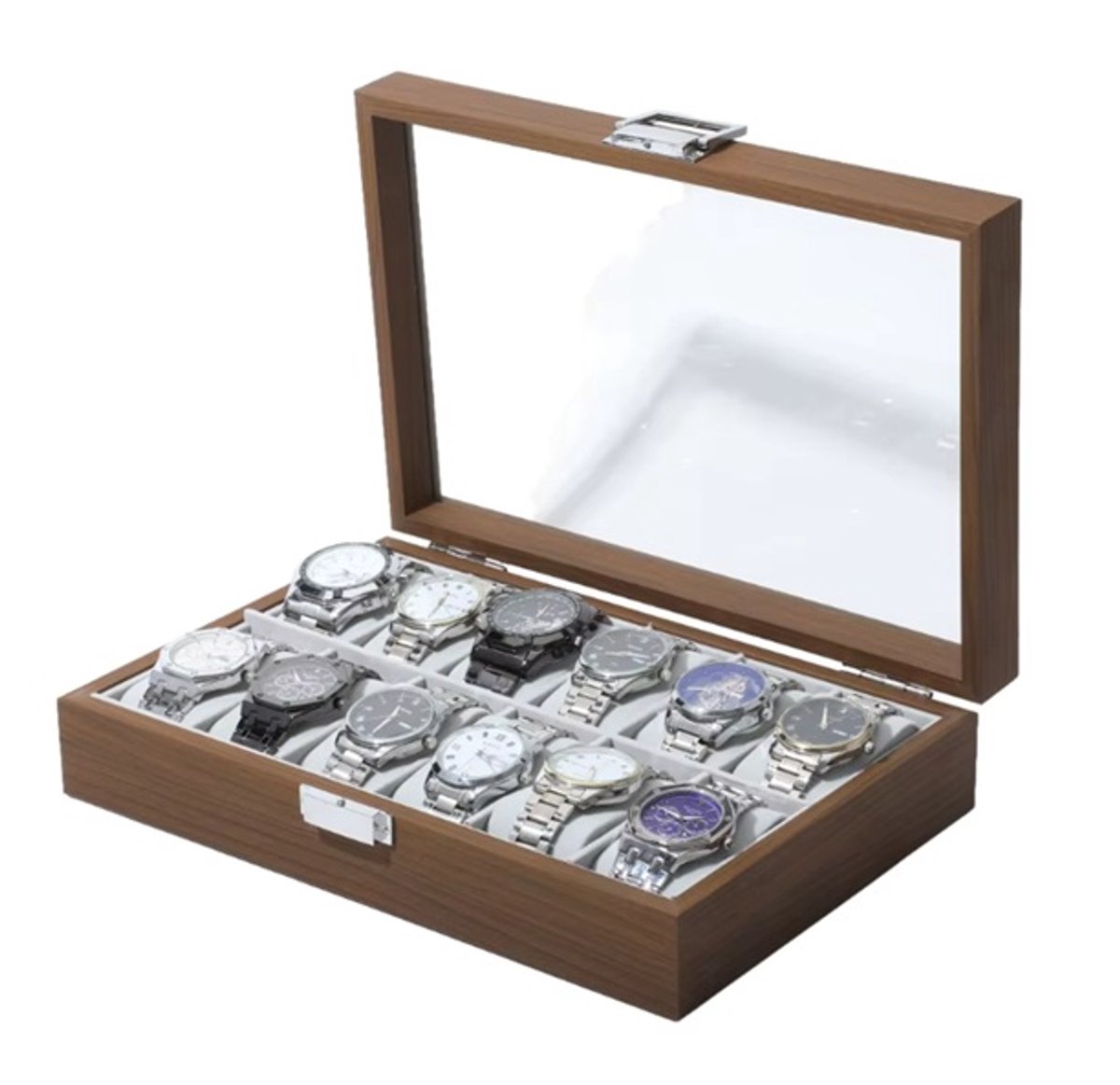 Horloge doos voor 12 stuks - luxe walnoot hout - opbergdoos - display - watch box - horloge koffer - horloge organiser - horloge kist - horloge etui - sieradendoos