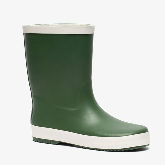 Vue latérale d'une botte de pluie verte avec bordure et semelle blanches.