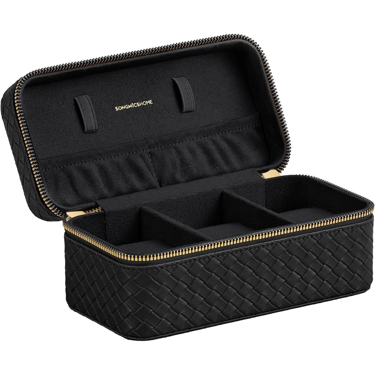 3-vaks reisset voor horloges met uniek geweven reliëf PU-leer en zachte suède voering, 10 × 20 × 9 cm, zwart.