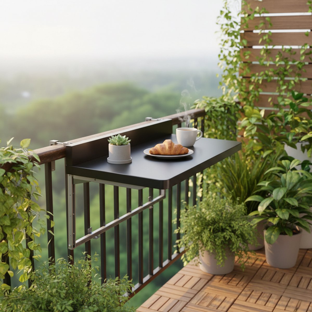 Opvouwbare Outdoor Balkon Bartafel – Verstelbare Hangende Leuningtafel 80×40 cm – Ruimtebesparende Inklapbare Eettafel voor Balkon, Terras & Patio – Weerbestendig Aluminium Frame & Houtlook Tafelblad – Zwart – NoviHome