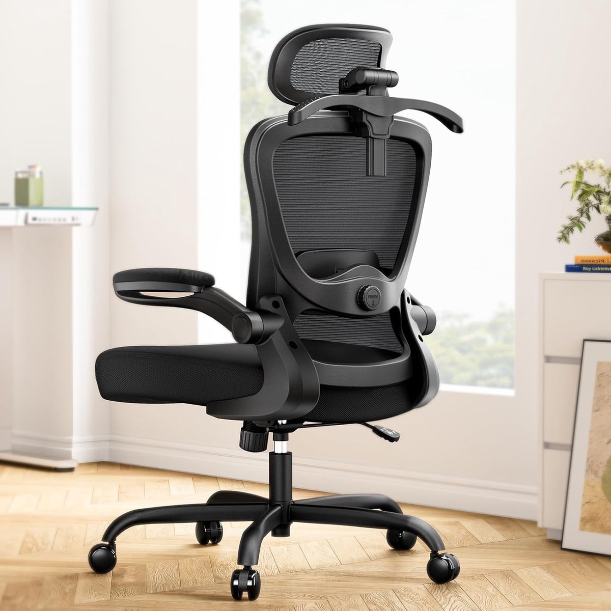 Ergonomische Bureaustoel met 3D Hoofdsteun, - Hoofdsteun, Verstelbare Lendensteun, Flip-Up Armleuningen, - Medahomestore