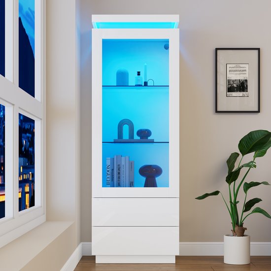 Vitrine Pugsdrly 60 x 40 x 171 cm, armoire haute à 2 tiroirs, finition laquée brillante avec vitrine et éclairage LED, meuble sur pied avec vitrine, meuble de salon avec portes vitrées et porte battante, blanc