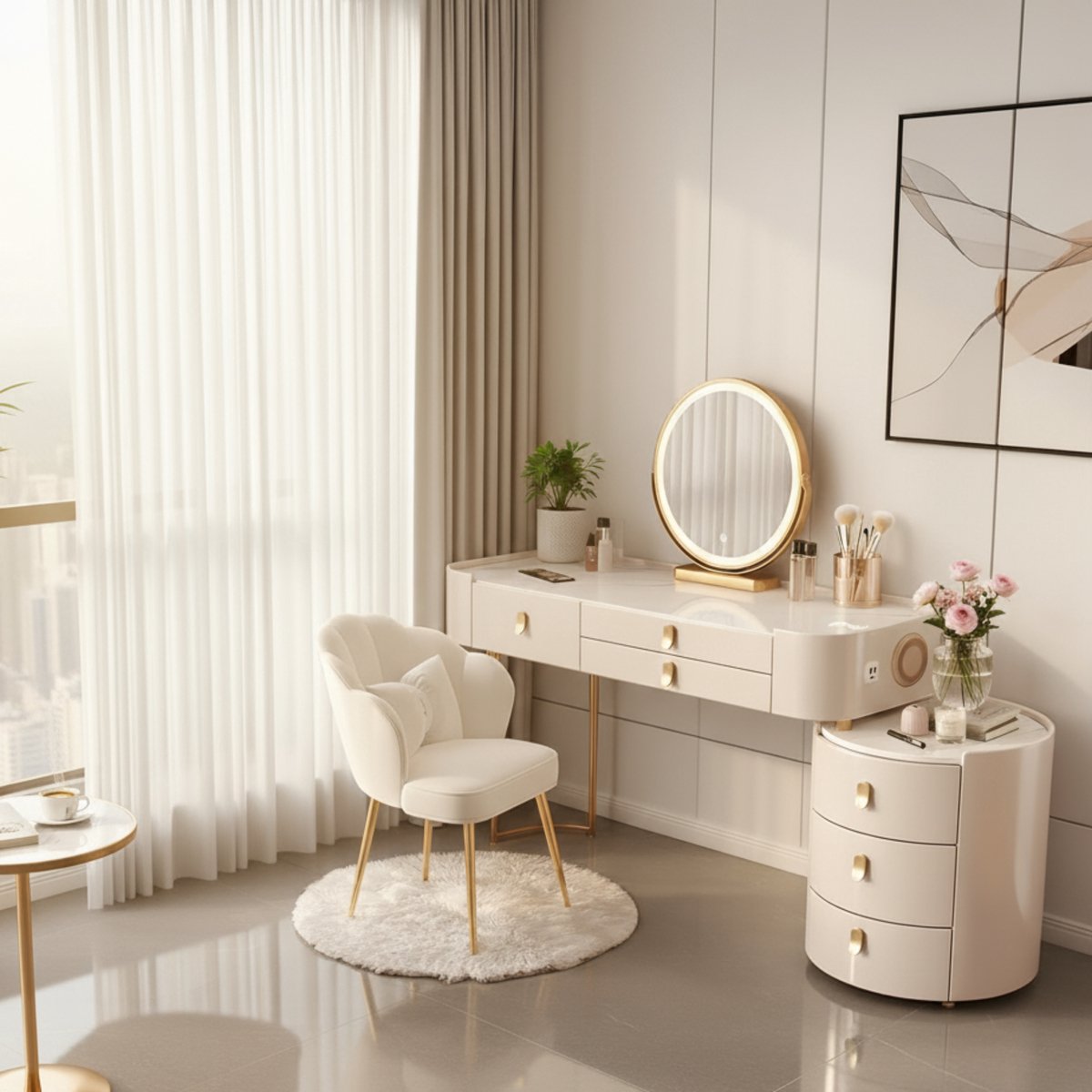 Make-uptafel met Spiegel en LED Verlichting 100x40x76 cm – Luxe Kaptafel met Laden, Draadloos Opladen, Bluetooth Luidspreker en Kruk – Modern Wit en Goud – Altameubel