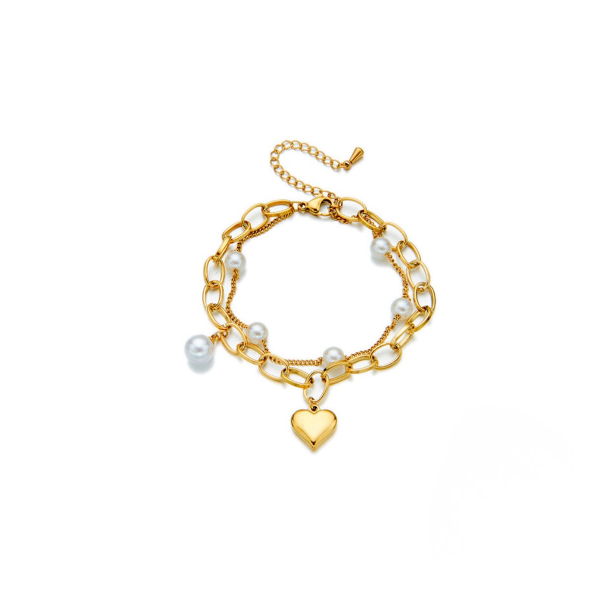 Goudkleurige - Armband - Parels en Hartjes - Roestvrij Staal - Verstelbaar - Schakelarmband - Trendy en Elegant - Dames