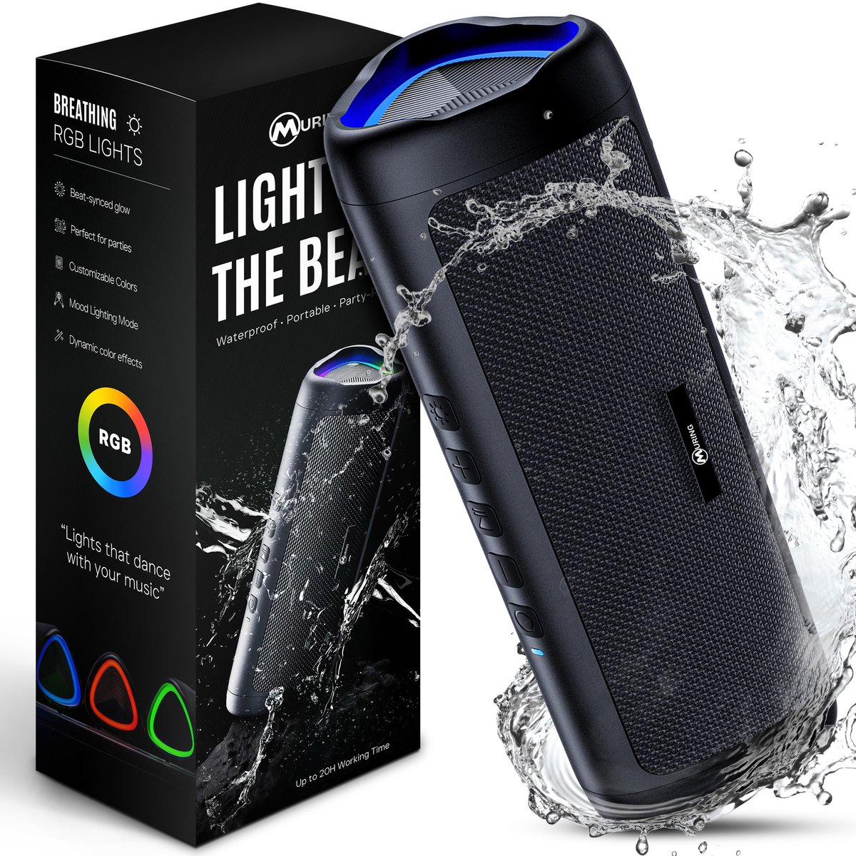 Muring Draadloze Bluetooth Speaker - Muziek Box - Tot 20 uur Afspeeltijd - TWS Pairing - Bluetooth 5.3 - Partybox - Luidspreker - Geluidsbox - Zwart