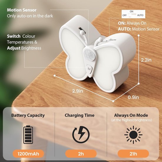 Helder dimbaar vlinder LED-nachtlampje, slimme bewegingssensor nachtlampje met spot en 2 kleurtemperaturen, magnetisch oplaadbaar nachtlampje voor kinderkamer, muur (2 verpakkingen) van One Fire — afbeelding 2