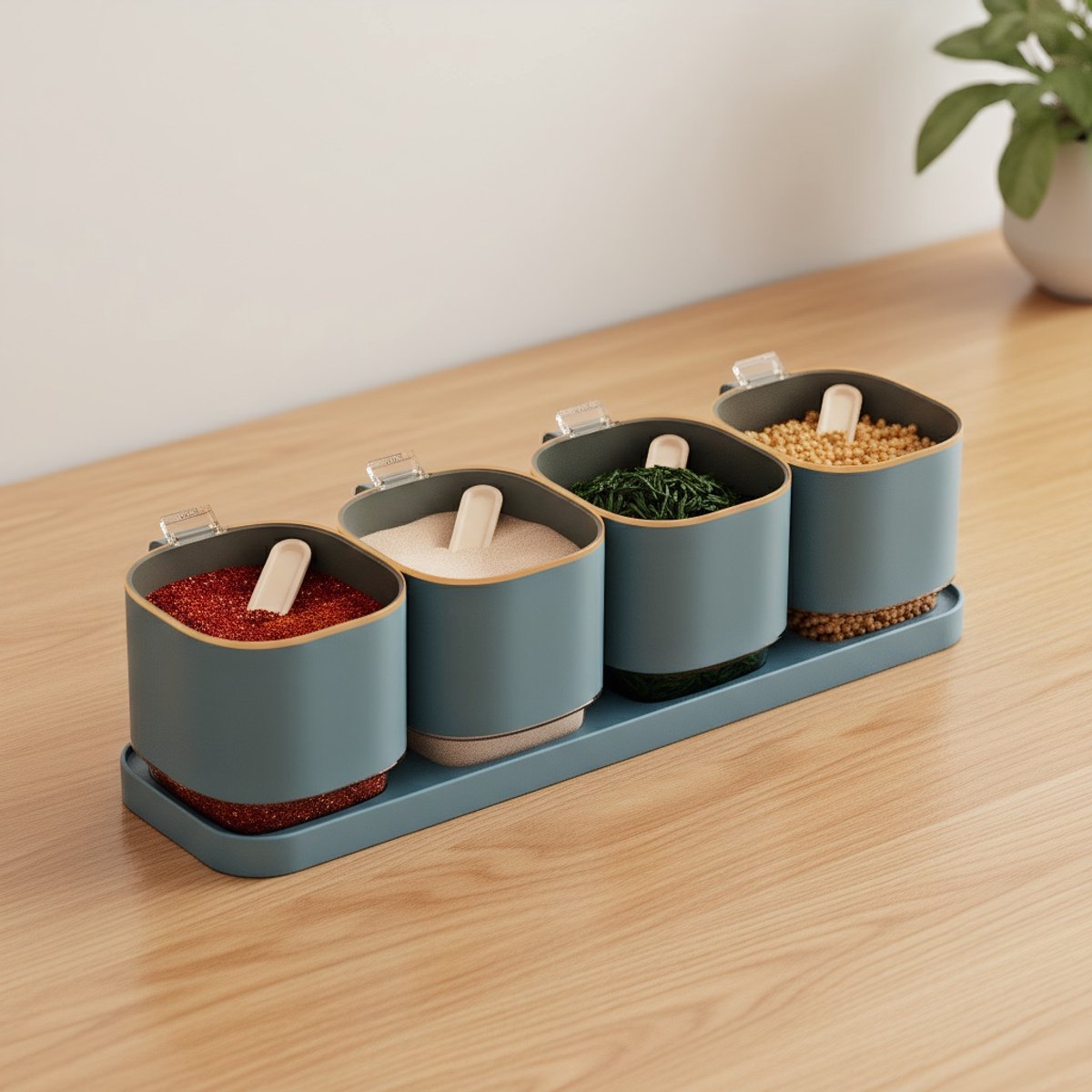 Soontrans Vierkante Kruidenpotjes - Set van 4 - Suikerpotjes Met Lepel & Deksel - Kunststof - Transparant Deksel - Zoutvaatje - Blauw