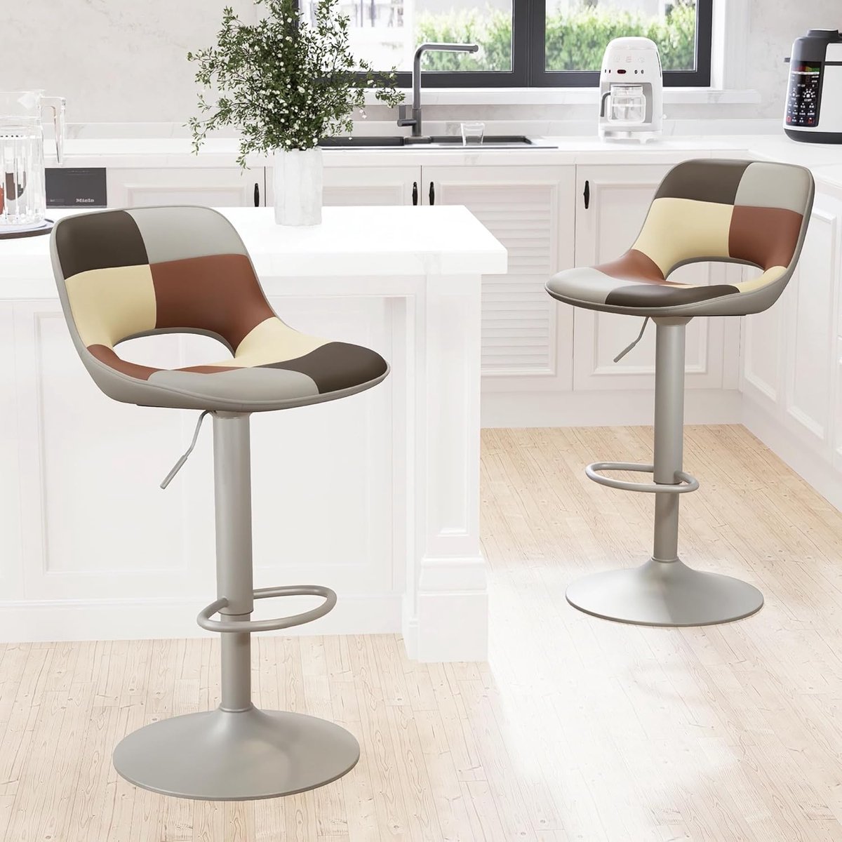 Barkruk set van 2 verstelbaar 44x49x80 cm – Draaibare barstoelen met holle rugleuning, ergonomisch kunstleer, 360° draaistoel voor keuken & bar –Grijs/Beige. – Altameubel