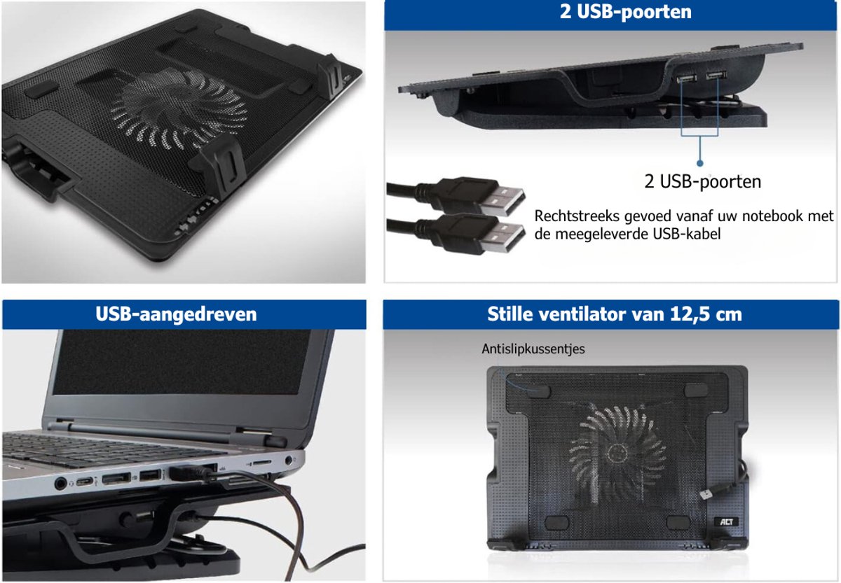 Quvo® Laptop Cooler – Cooling Pad – Verstelbare Laptopcooler – Laptop Cooler 17 Inch – Laptop Standaard Met 2 USB Poorten – Laptop Verhoger – Laptopstandaard - Zwart