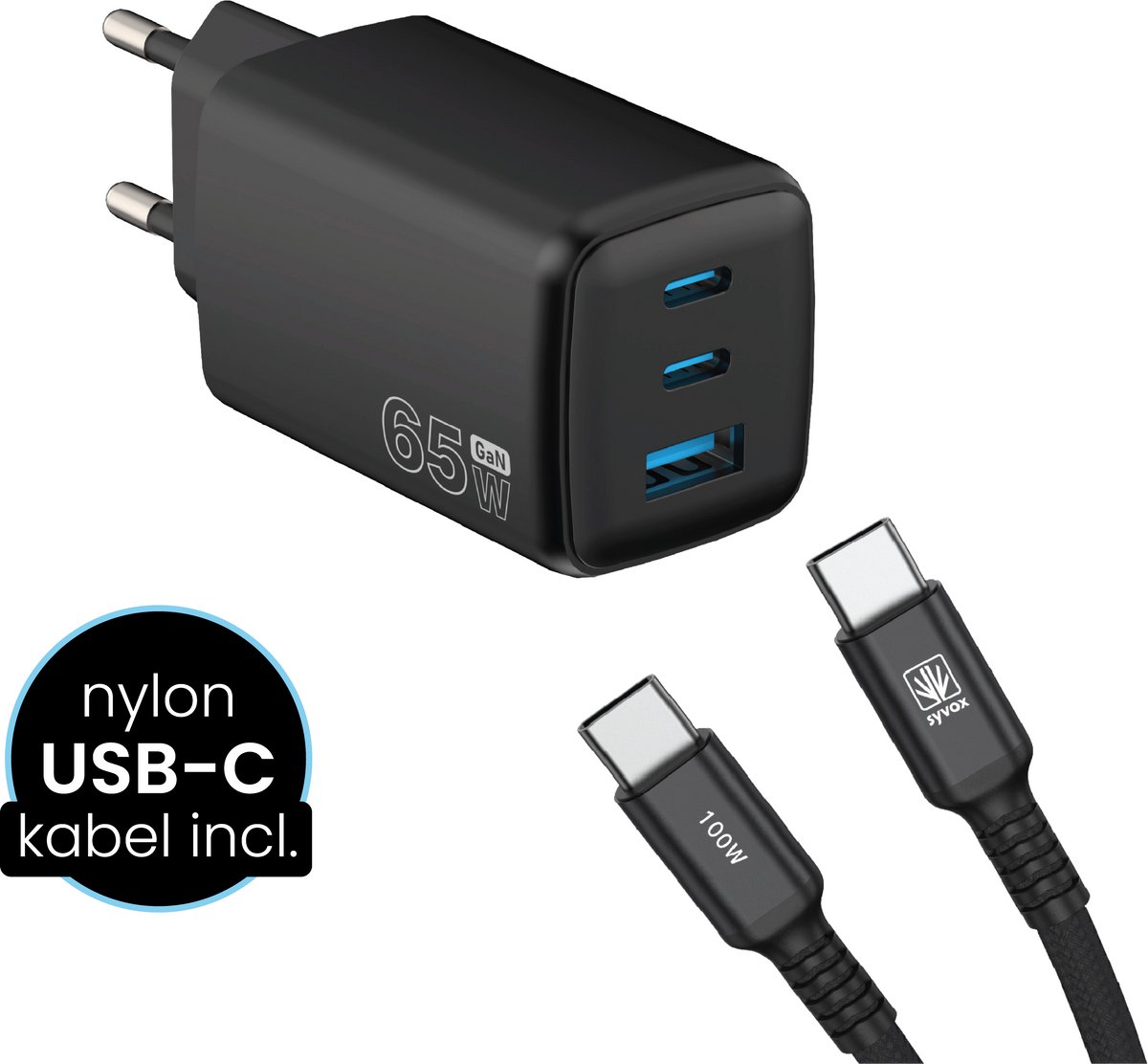 SYVOX Power 65W Snellader – USB-C Adapter met Kabel – 2x USB-C & 1x USB-A – Oplader voor Laptop, telefoon, tablet & meer – Zwart