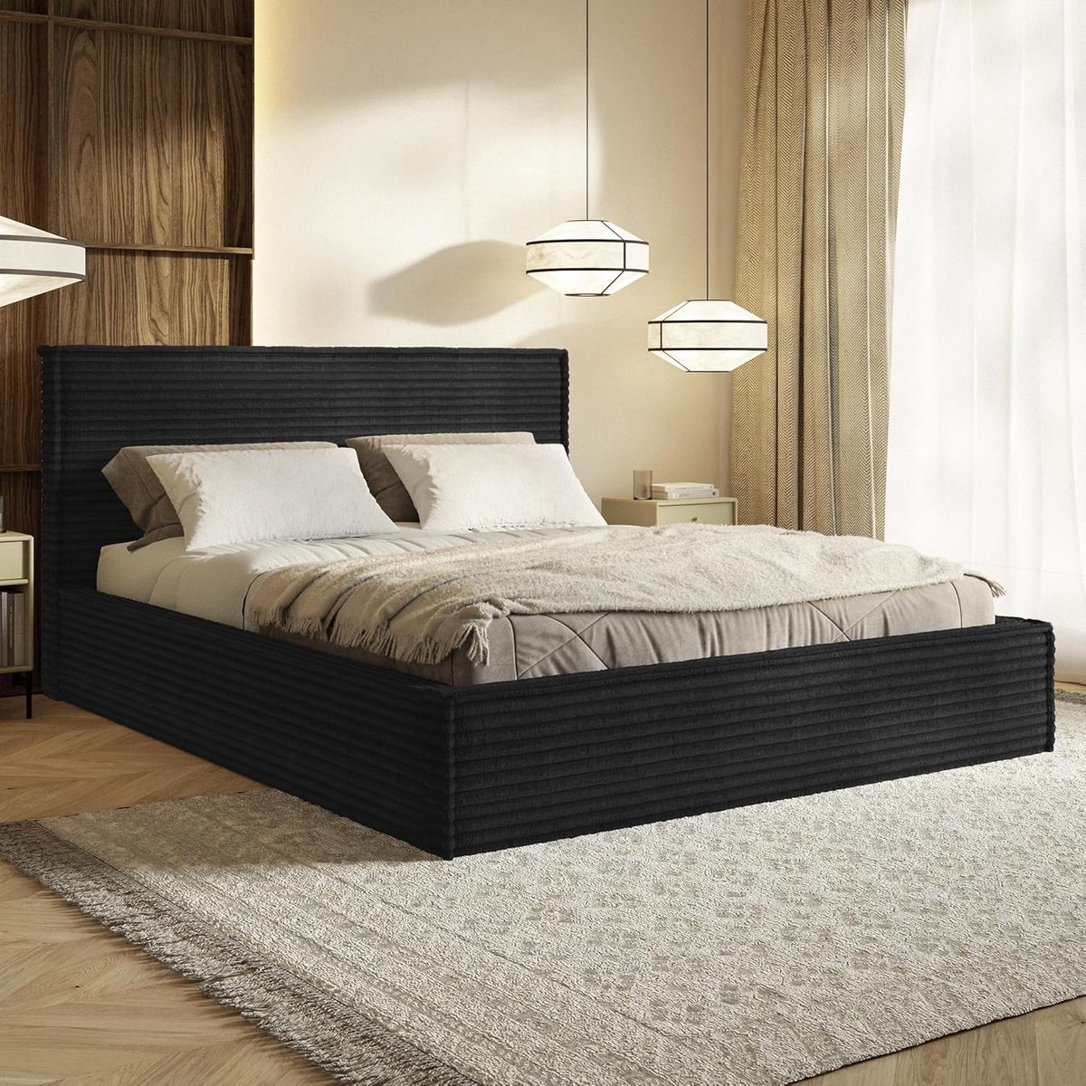 Gestoffeerd Bed 160x200 cm met Opbergruimte & Bedlade – Pauwhome Boho Velvet Luxe Bedframe Beige (Crème) met Hoofdeinde & Lattenbodem – Zonder Matras