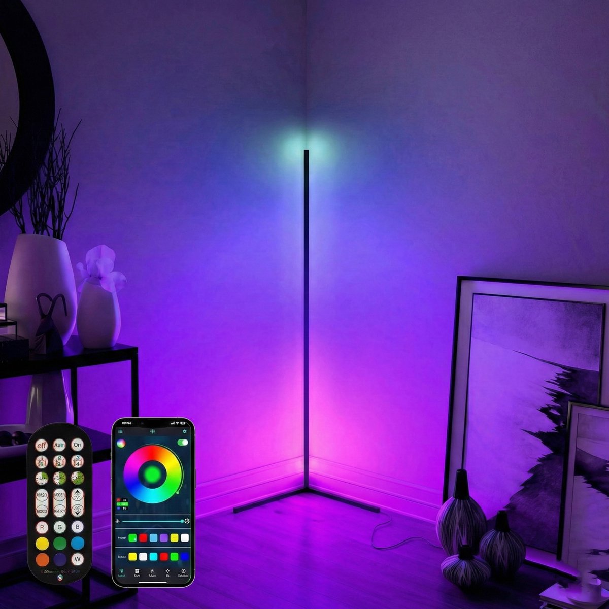 MUPOO Moderne LED Vloerlamp RGB met APP 125cm - Hoogte verstelbaar hoeklamp staand - staande lamp met Timer & Geheugenfunctie - muzieksync & Dynamische - voor Slaapkamer hoek