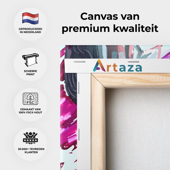 Detail van de rand van een canvas schilderij met Artaza-logo, met vermelding van premium kwaliteit en FSC-hout.