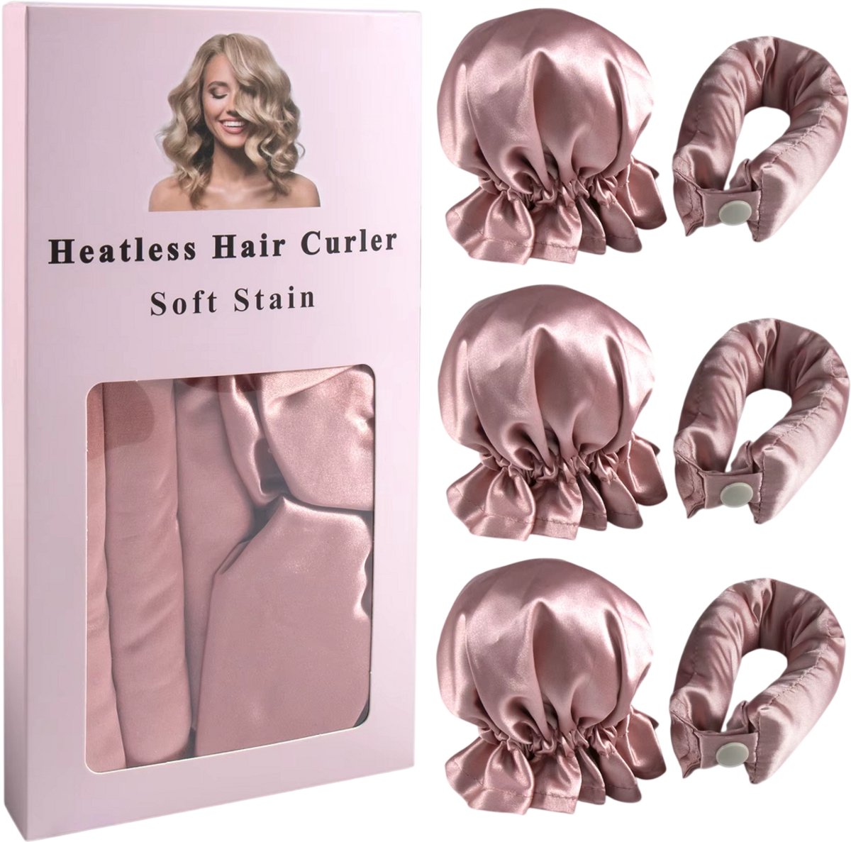 Hittevrije Krulband van Satijn – 3-delige Curling Rod voor Krullen zonder Hitte – Overnight Haar Kruller - ROZE
