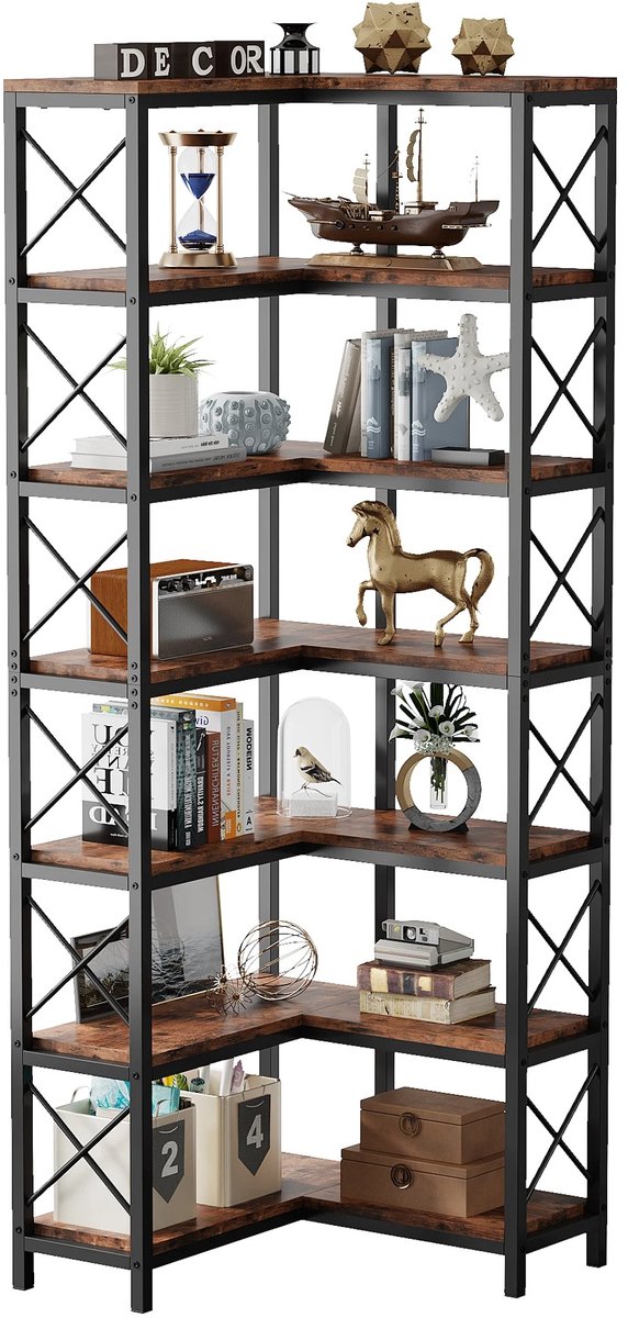 Novendo Goods – Moderne 7-laags hoekboekenplank met industrieel metaalframe - Grote ruimte