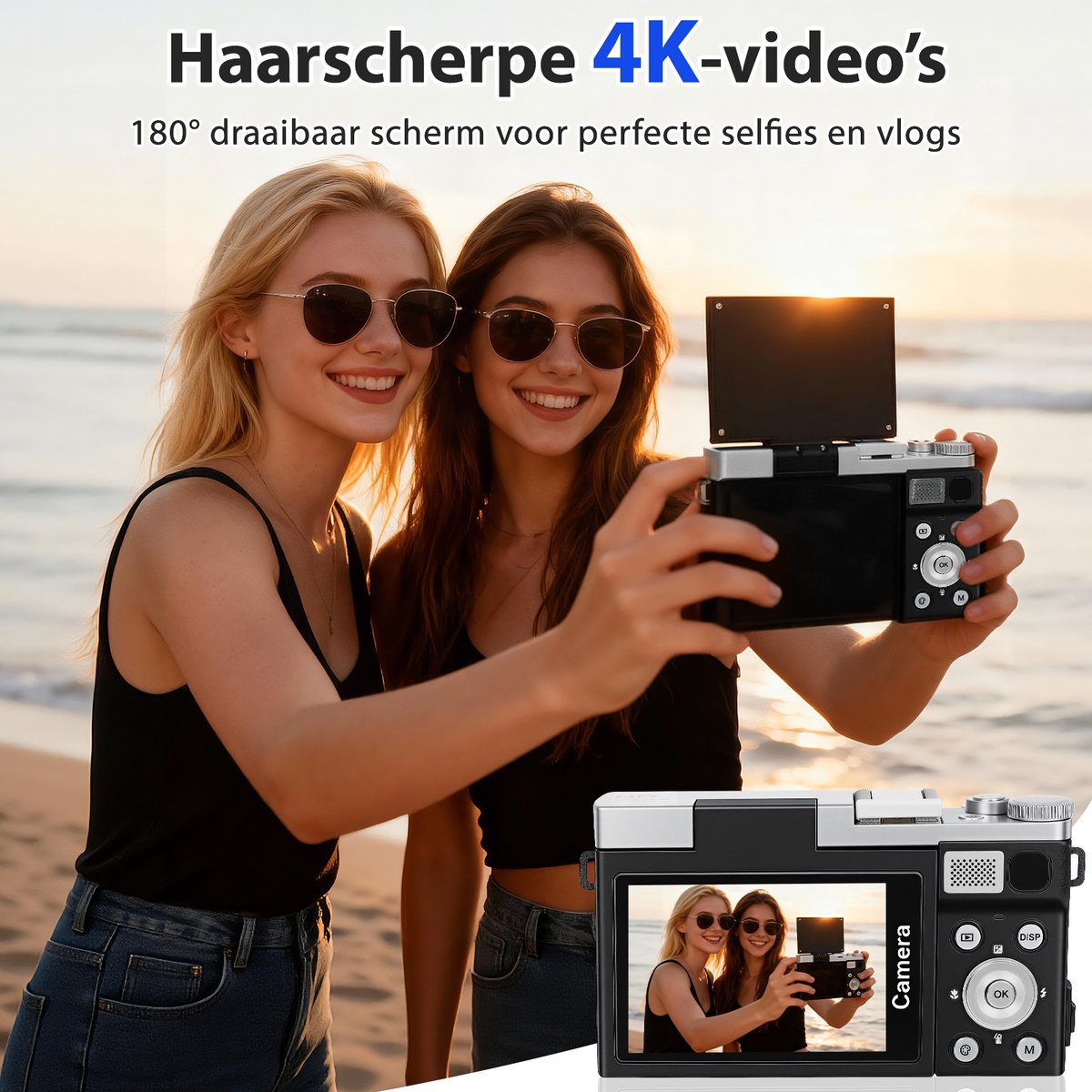 Digitale Camera 4K 64MP met 3 Inch 180° Kantelbaar IPS Scherm – 16x Digitale Zoom, Autofocus, Webcamfunctie via USB, Compacte Vlogcamera met 2×1000mAh Batterijen en 32GB Geheugenkaart voor Beginners, Kinderen en Tieners thumbnail 2