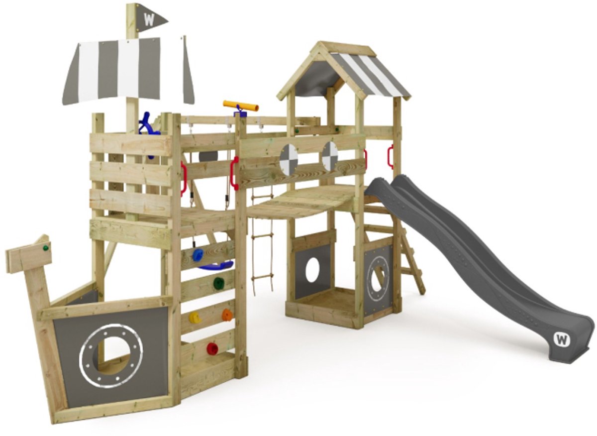 Wickey StormFlyer Speeltoestel - Schommel en Touwladder met Glijbaan - Wiebelbrug & 2 Zandbakken - 494x495x260 cm - Grijs