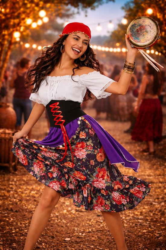 Robe de Déguisement Gitane Joya Party® pour Femmes | Costume Boho Complet avec Jupe, Foulard, Ceinture & Foulard de Tête | Costume de Déguisement Gypsy pour Femmes | Carnaval et soirée à thème | Taille L/XL