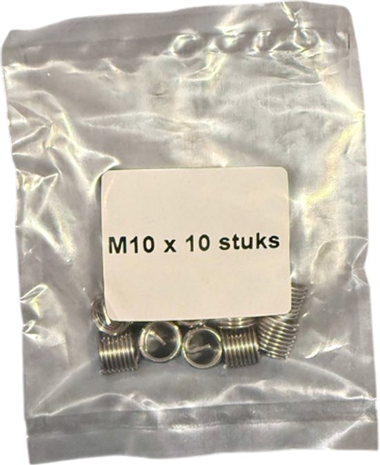 Zakje met tien zilverkleurige schroefdraadinserten, met label 'M10 x 10 stuks'.