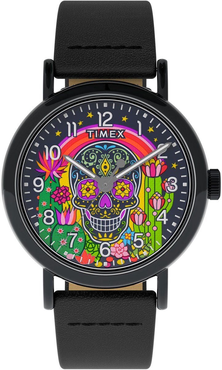 Timex Weekender Day Of The Dead Quartz Analoog Horloge Zwart Kast Gemaakt Van 100% Loodarm Messing En Een Armband Van 100% Leer 40 TW2Y15900AJ