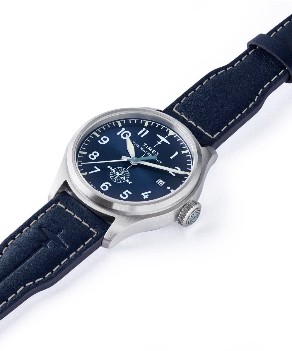 Timex Timex X Pan Am® Waterbury Ace Chronograph Mechanisch Automatisch Horloge Blauw Kast: 100% Roestvrij Staal | Armband 100% Leer 41 mm TW2Y38800YH