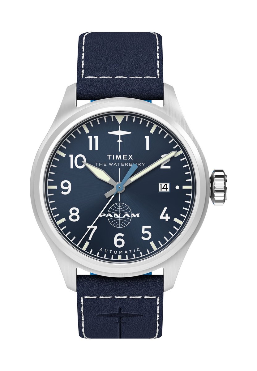 Timex Timex X Pan Am® Waterbury Ace Chronograph Mechanisch Automatisch Horloge Blauw Kast: 100% Roestvrij Staal | Armband 100% Leer 41 mm TW2Y38800YH