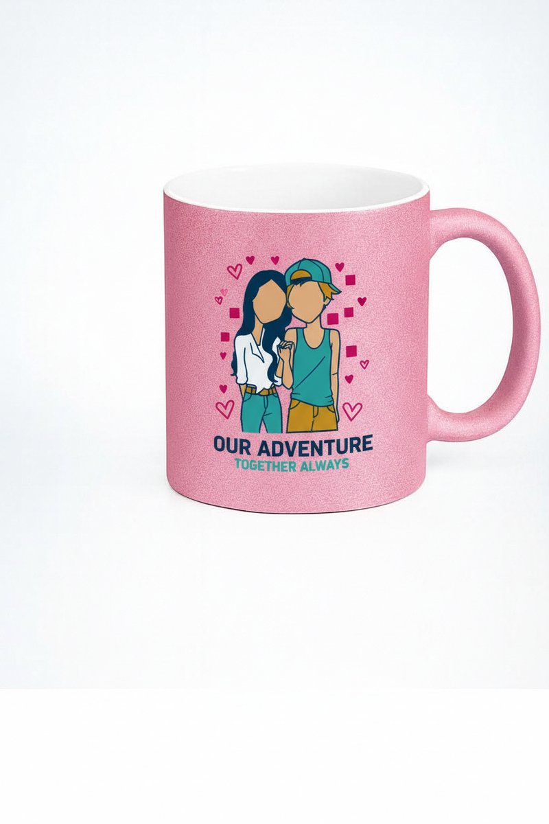 Romantische Koppel Mok Roze Glitter - 'Our Adventure Together Always' - Uniek Cadeau
