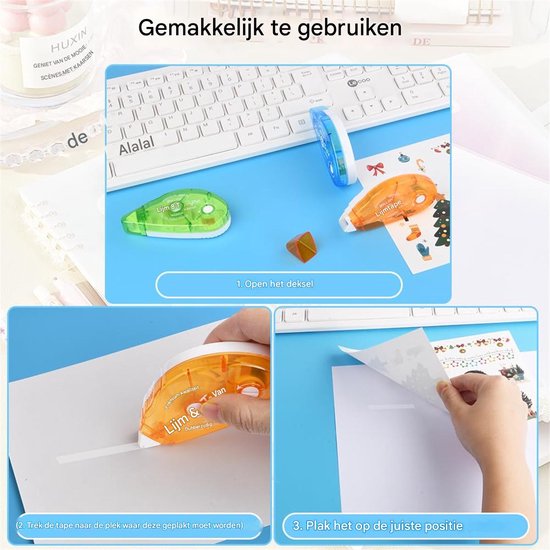 Collage toont gebruik van oranje, blauwe en groene lijmrollers. Illustreert stappen: deksel openen, tape aanbrengen en plakken.