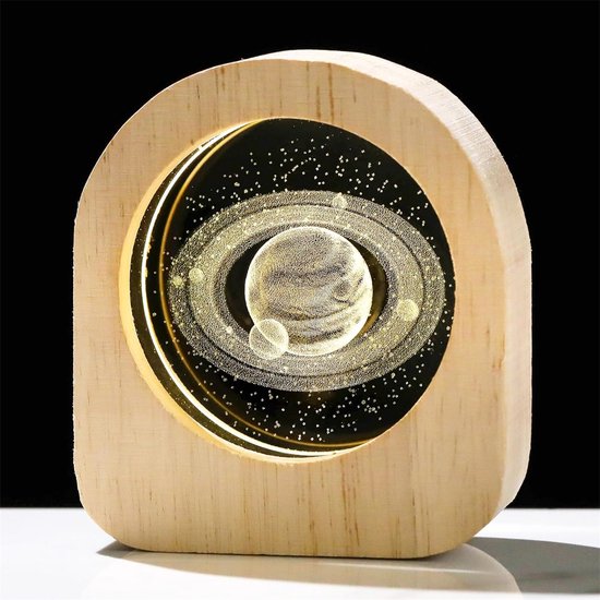 Ynkkvre -Saturnus 3D Kristallen Nachtlamp - K9 Kristal met Houten Basis - Galaxy Planeet LED Nachtlicht - Astronomie Decoratie & Cadeau voor Kinderen en Volwassenen van Ynkkvre — afbeelding 2