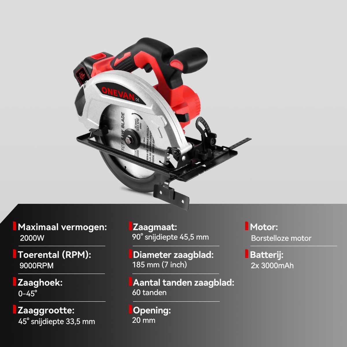 ONEVAN Accu Cirkelzaag - 185 mm Handcirkelzaag - Borstelloze - 9000RPM - invalzaag zaagdiepte 45,5 mm - met 2x accu's - voor het zagen van tegels en hout – foto 2