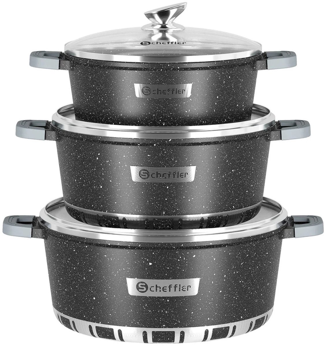 Scheffler 3-delige Pannenset Ø28/32/36 cm – Marmeren Antiaanbak Pannen met Glazen Deksels – Inductie & Alle Kookplaten – Gezond Koken Zonder PFOA – Grote Soeppannen & Braadpannen – Aluminium Kookset